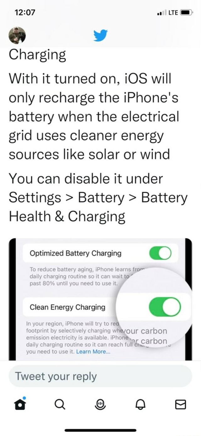 LTE Charging With it turned on, iOS will only recharge the iPhone's battery when the electrical
