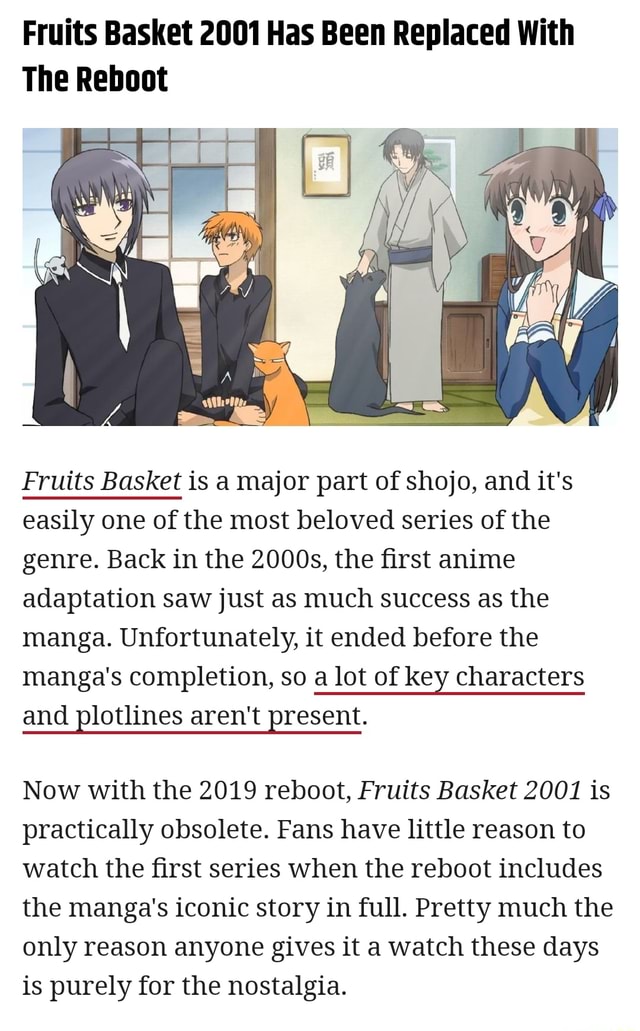 Fruits Basket 2001 Has Been Replaced With The Reboot Fruits Basket is a