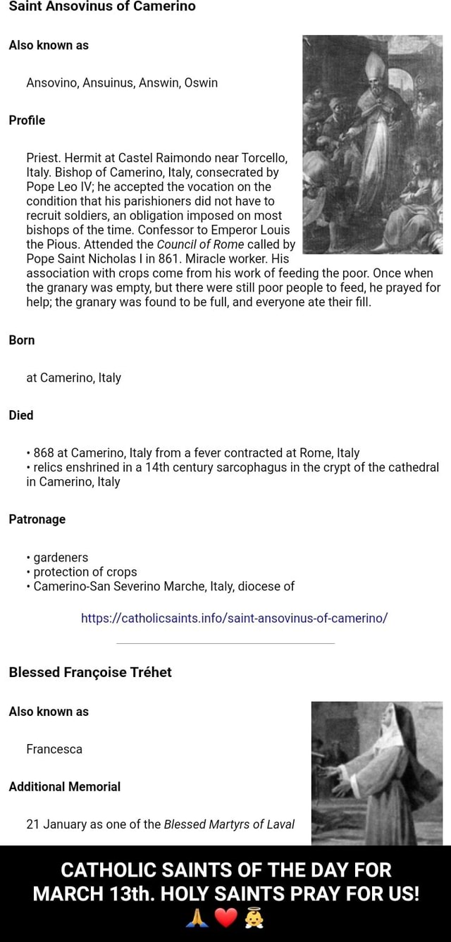 Saint Ansovinus of Camerino Also known as Ansovino, Ansuinus, Answin ...