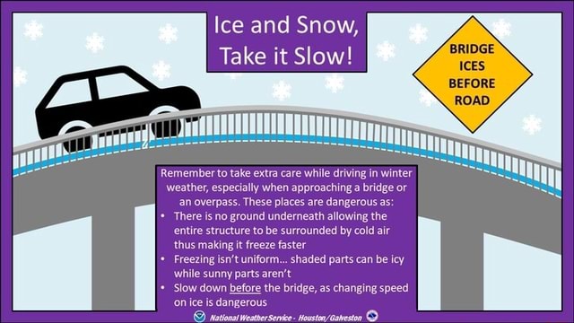 Ice And Snow Take It Slow Remember To Take Extra Care While Driving In Winter Weather Especially When Approaching A Bridge Or An Overpass These Places Are Dangerous As There Is No