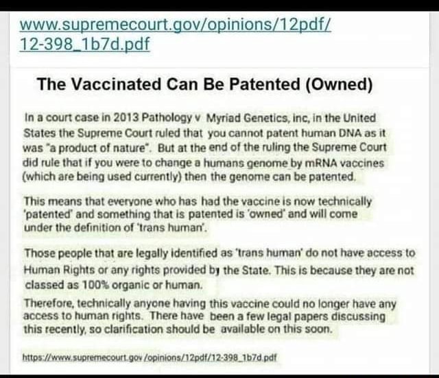 Grøn baggrund stereoanlæg Bot 12-898 pdf The Vaccinated Can Be Patented (Owned) In court case in 2013  Pathology Myriad Genetics, inc, in the United States the Supreme Court  ruled that you cannot patent human DNA as