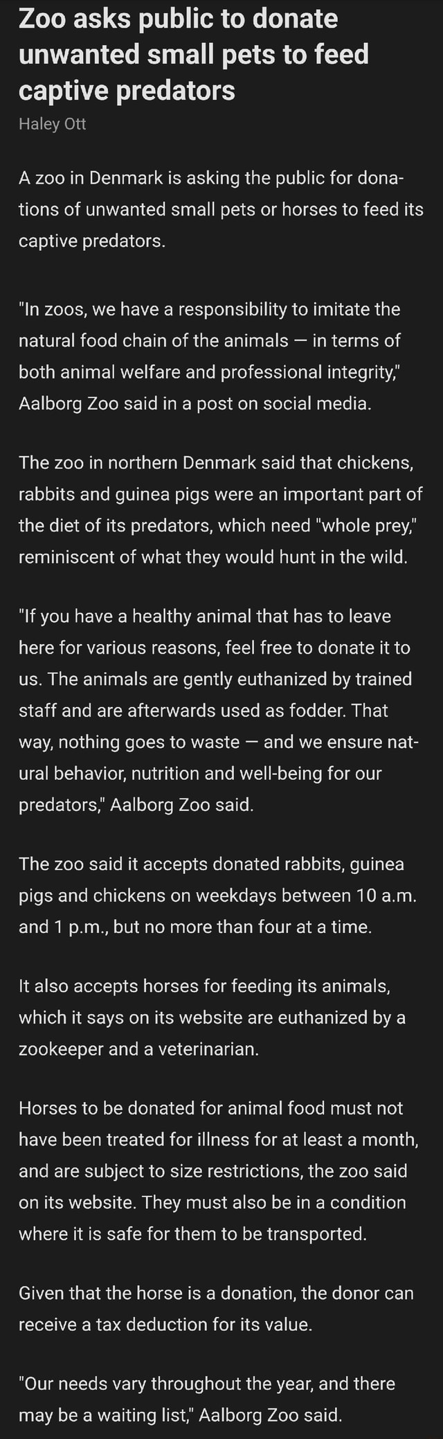 Zoo asks public to donate unwanted small pets to feed captive predators