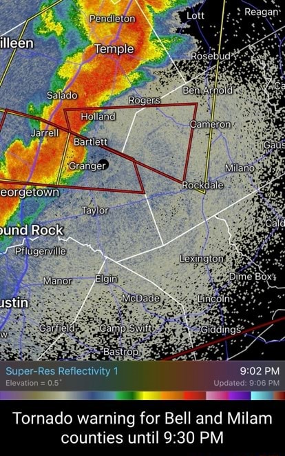 Illeen Rock Super Res Reflectivity Elevation Tornado Warning For Bell And Milam Counties Until 1521