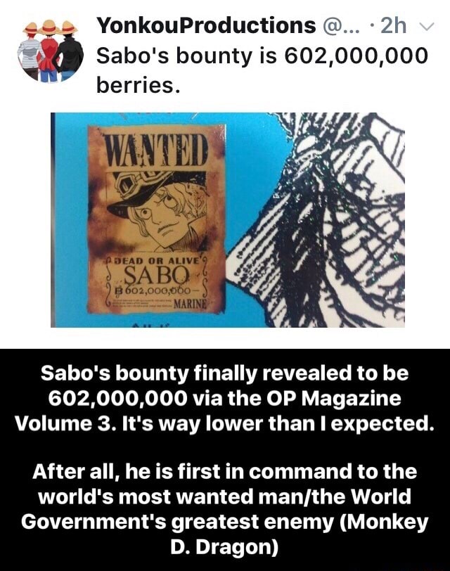 Yonkouproductions 2h Berries Sabo S Bounty Finally Revealed To Be 602 000 000 Via The Op Magazine Volume 3 It S Way Lower Than I Expected After All He Is First In Command To The