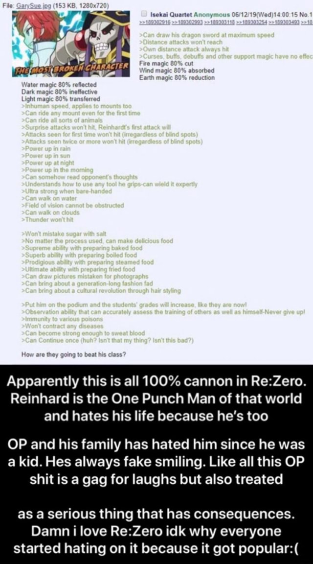 Apparently This Is All 100 Cannon In Re Zero Reinhard Is The One Punch Man Of That World And Hates His Life Because He S Too Op And His Family Has Hated Him Since