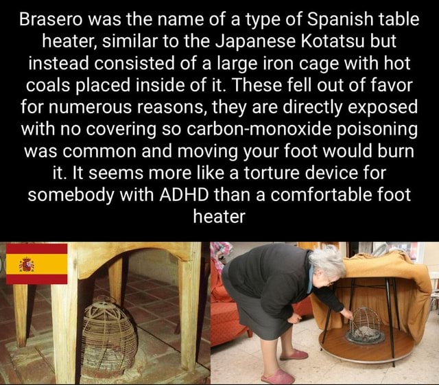 Brasero was the name of a type of Spanish table heater, similar to the