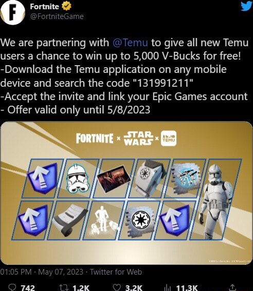 Fortnite fe are partnering with @Temu to give all new Temu users a ...