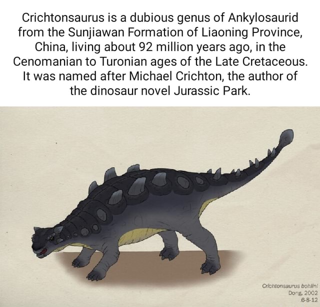 Crichtonsaurus is a dubious genus of Ankylosaurid from the Sunjiawan ...
