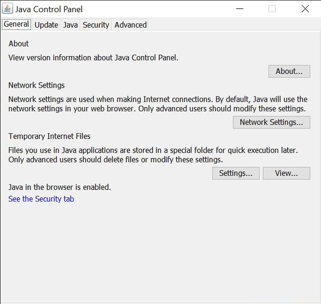 Java Control Panel General Update Java Security Advanced About View ...