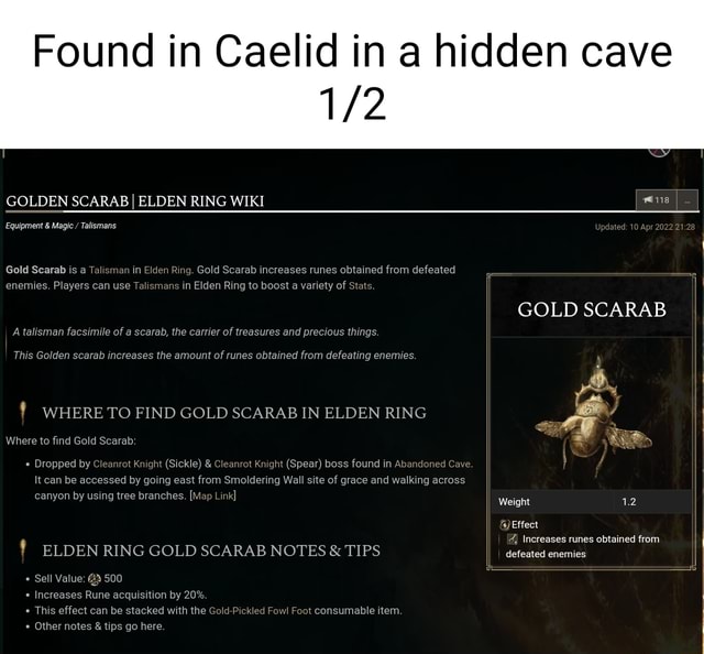 Found in Caelid in a hidden cave GOLDEN SCARAB I I ELDEN RING WIKI