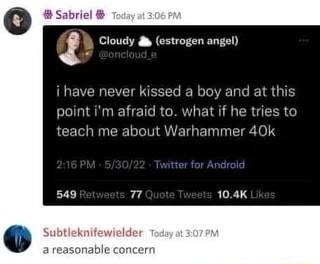 Cloudy (estrogen angel) i have never kissed a boy and at this point i'm