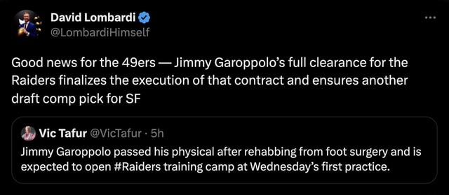 Raiders' Jimmy Garoppolo passes physical, cleared for training camp