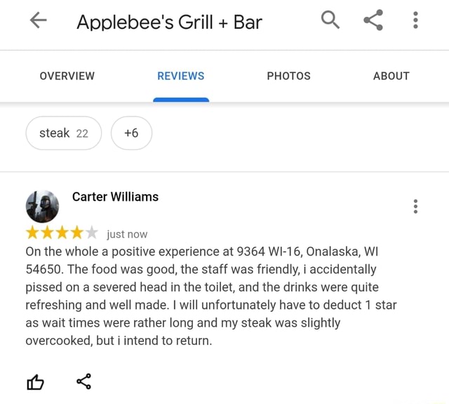 Applebee S Grill Bar Q Overview Reviews Photos About Steak 22 6 Carter Williams Kkk Just Now On The Whole A Positive Experience At 9364 Wi 16 Onalaska Wi The Food Was