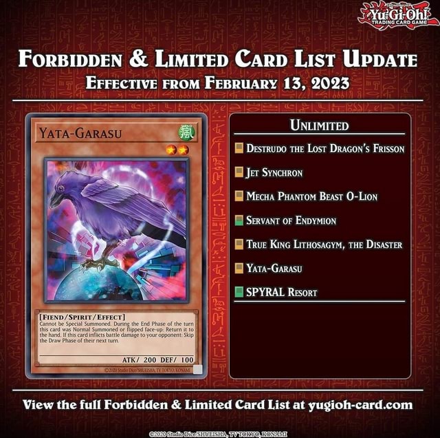 TRADING CARD GAME FORBIDDEN & LimiteD Carp List UpDATE EFFECTIVE FROM