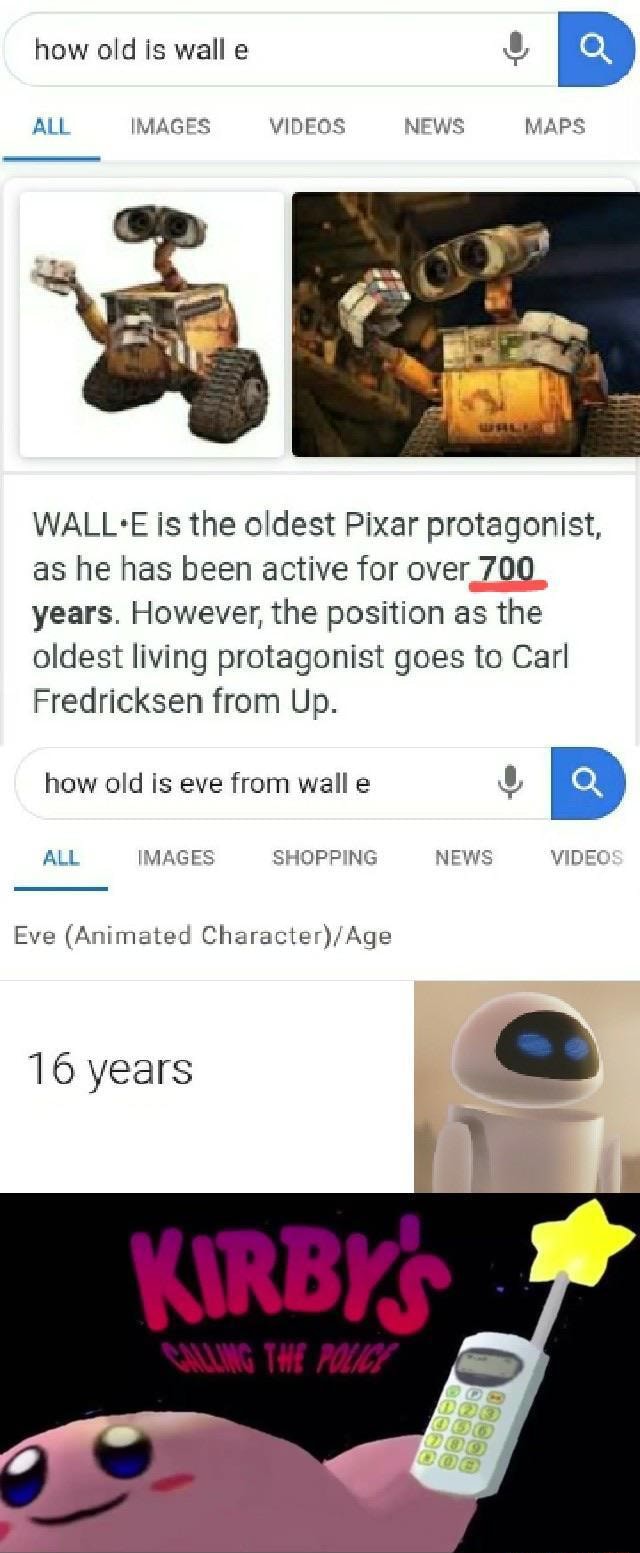 How old is wall e & ALL IMAGES VIDEOS NEWS MAPS WALL*E is the oldest