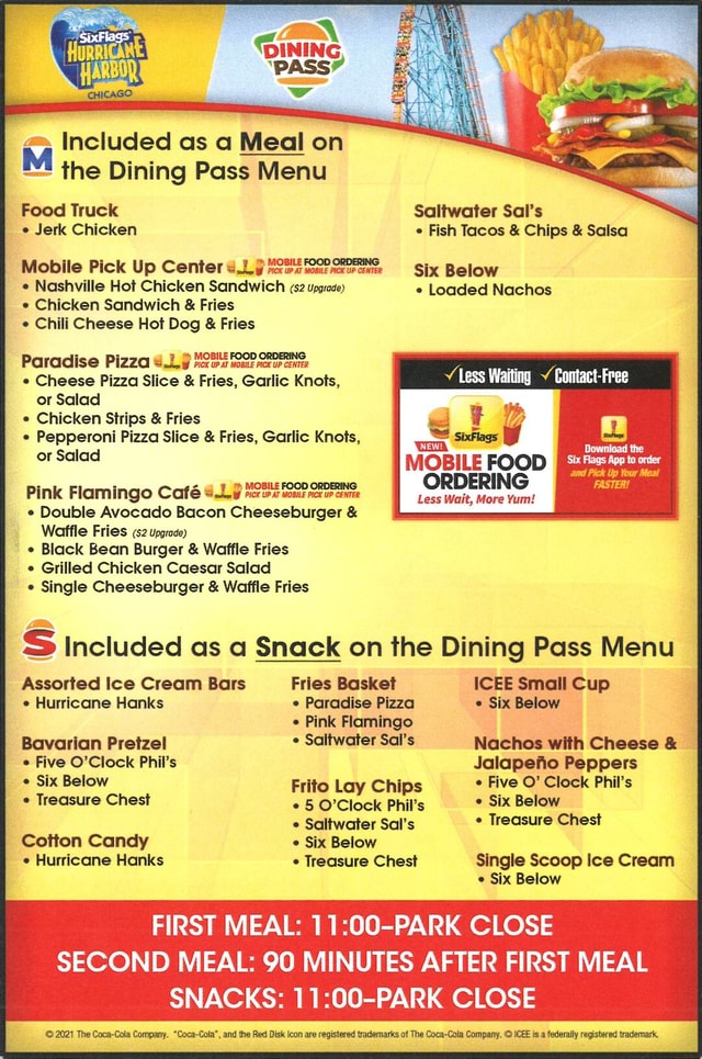 2021 Hurricane Harbor Chicago Season Dining Pass Menu Included as a