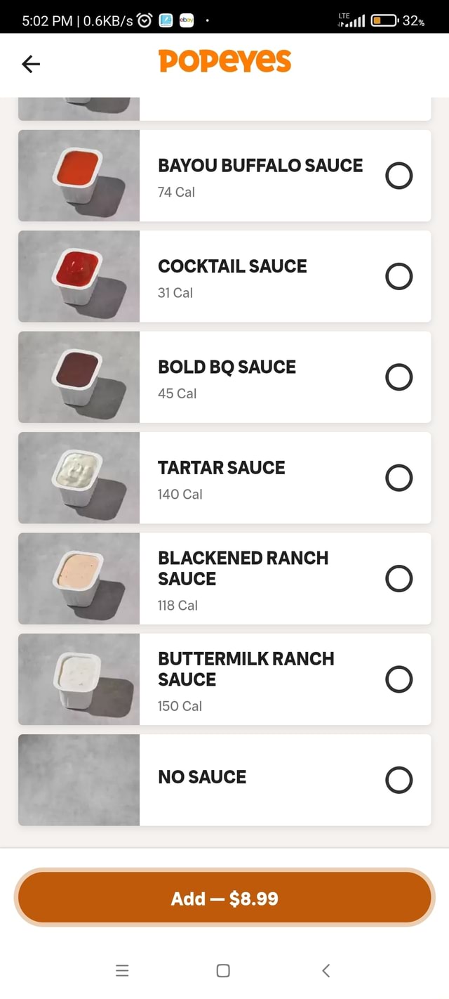 PM popeyes BAYOU Cal BUFFALO SAUCE O 74 Cal COCKTAIL SAUCE 31 Cal O BOLD BO SAUCE 45 Cal O