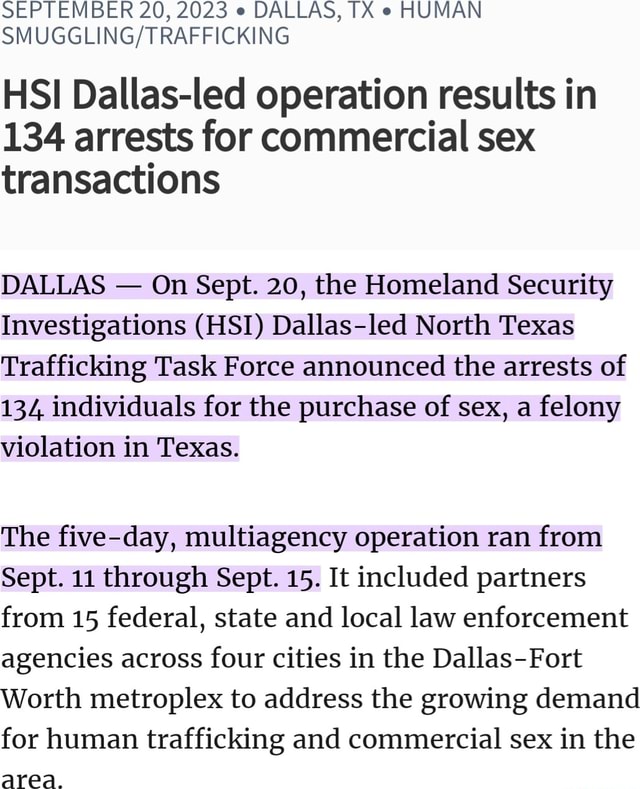 September 20 2023 Dallas Tx Human Hsi Dallas Led Operation Results In 134 Arrests For