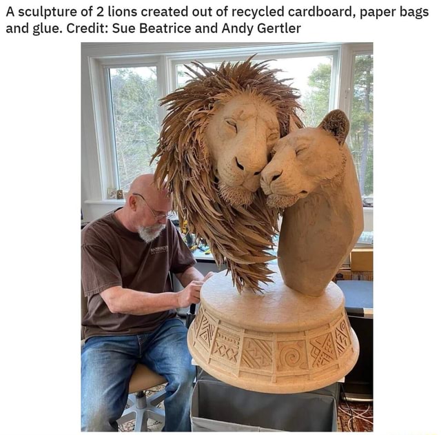 Sculpture of 2 lions created out of recycled cardboard paper bags