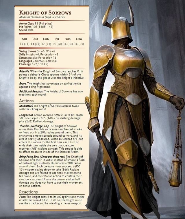 KNIGHT OF SORROWS Medium Humanoid (any), lawful Evil 'Armor Class 18 ...