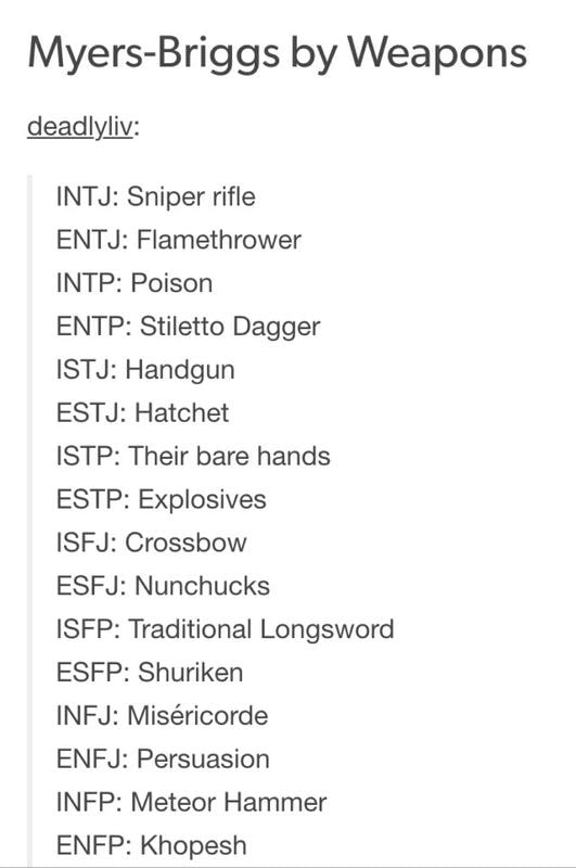 Myers Briggs By Weapons Deadlyliv Intj Sniper Rifle Entj Flamethrower Intp Poison Entp Stiletto Dagger Istj Handgun Estj Hatchet Istp Their Bare Hands Estp Explosives Isfj Crossbow Esfj Nunchucks Isfp Traditional Longsword Esfp Myers Briggs By Weapons Deadlyliv Intj Sniper Rifle Entj Flamethrower Intp Poison Entp Stiletto Dagger Istj Handgun Estj Hatchet Istp Their Bare Hands Estp Explosives Isfj Crossbow Esfj Nunchucks Isfp Traditional Longsword Esfp