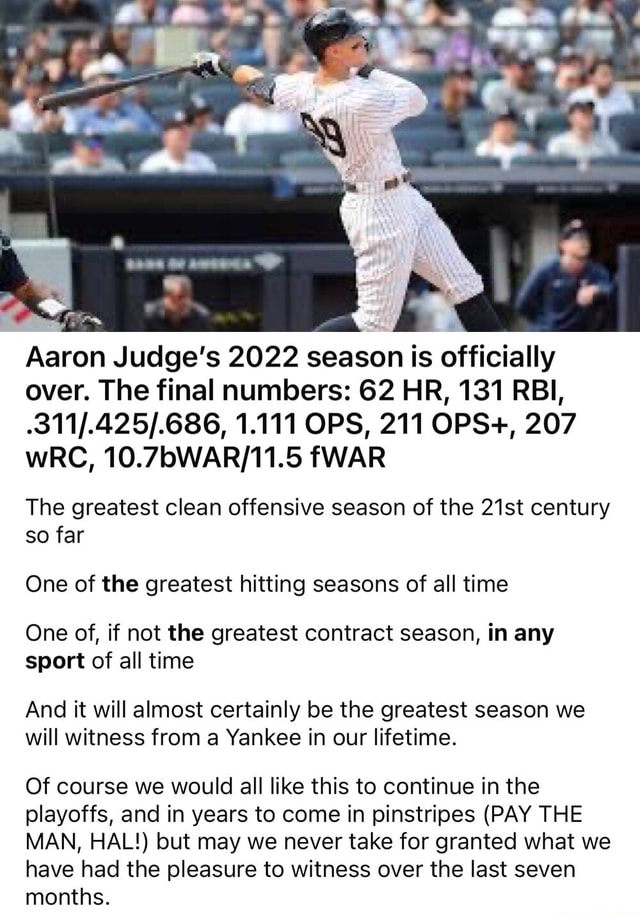 Aaron Judge's 2022 season is officially over. The final numbers 62 HR
