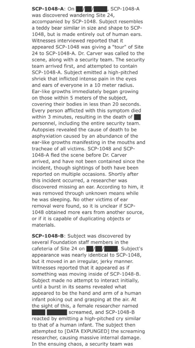 Scp 104b A On I Scp 1048 A Was Discovered Wandering Site 24 Accompanied By Scp 1048 Subject Resembles A Teddy Bear Similar In Size And Shape To Scp 1048 But Is Made Entirely Out Of Human