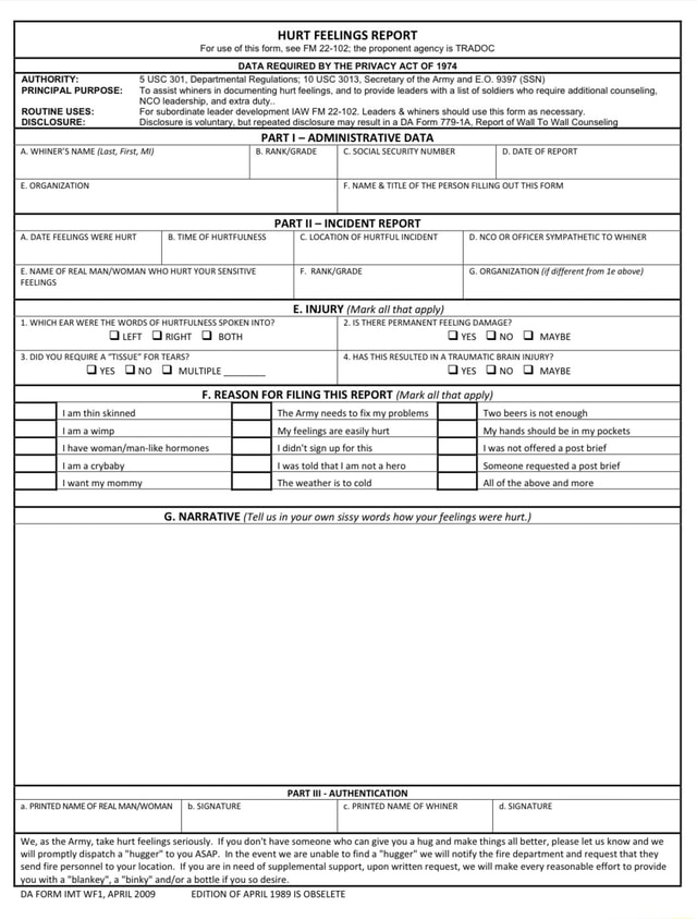 HURT FEELINGS REPORT For use of this form, see FM 22-102; the proponent ...