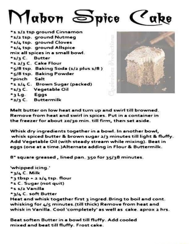 Mabon Spice Cake tsp ground Cinnamon ground Nutmeg tsp. ground Cloves
