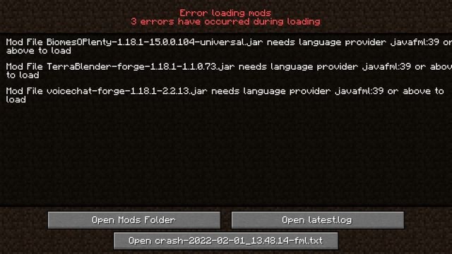 3 errors have occurred during loading Mod File BiomesOPlenty-1.18.1-15 ...