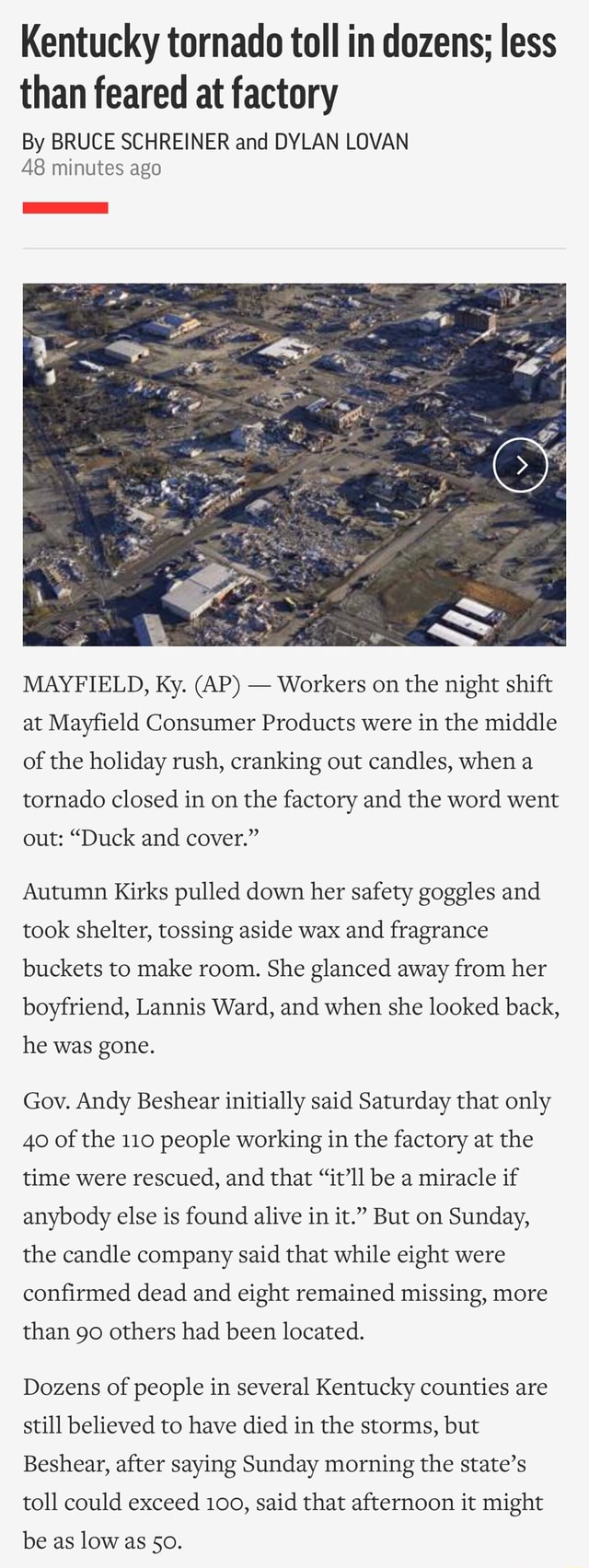 Kentucky tornado toll in dozens; less than feared at factory By BRUCE