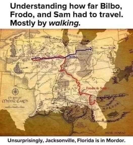 Understanding how far Bilbo, Frodo, and Sam had to travel. Mostly by