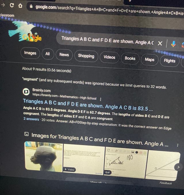 Goegle. Tiang! slassroem le Triangl AB C and E are shown, Angle Ac I