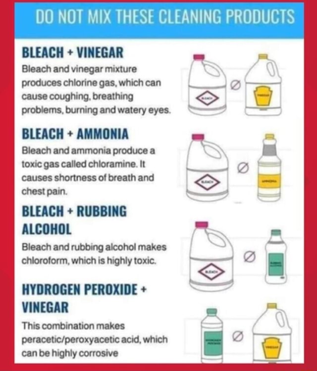 DO NOT MIX THESE CLEANING PRODUCTS BLEACH + VINEGAR Bleach and vinegar