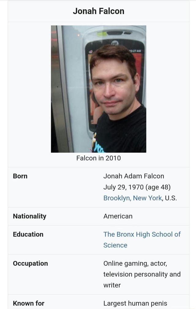 Jonah Falcon Born Jonah Adam Falcon July 29 1970 Age 48 Brooklyn New York U S Nationality American Education The Bronx High School Of Science Occupation Online Gaming Actor Television Personality And Writer Known For
