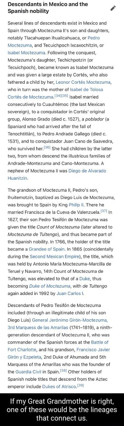 Descendants In Mexico And The Spanish Nobility Several Lines Of 