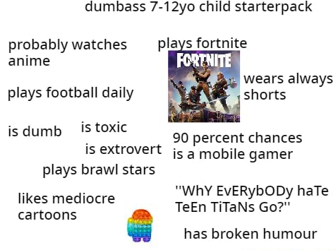 Dumbass 7-12yo child starterpack probably watches plays fortnite anime wears always plays football daily shorts is toxic isdumb toxic 90 percent chances is extrovert is a mobile gamer plays brawl stars "WhY EvERybODy haTe likes mediocre TeEn TiTaNs Go?" cartoons hac hravan himoair - iFunny