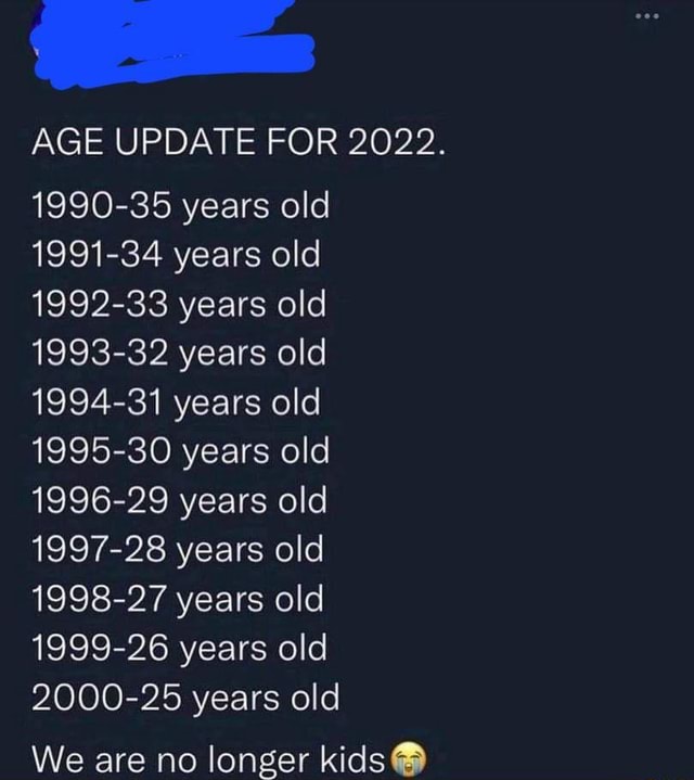 AGE UPDATE FOR 2022. 199035 years old 199134 years old 199233 years