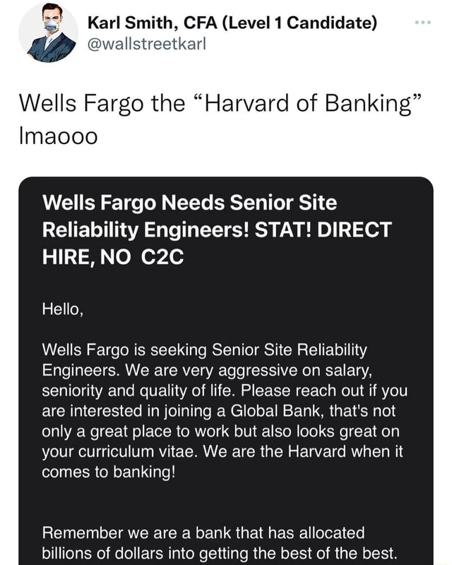 Karl Smith, CFA (Level 1 Candidate) @wallstreetkarl Wells Fargo the ...