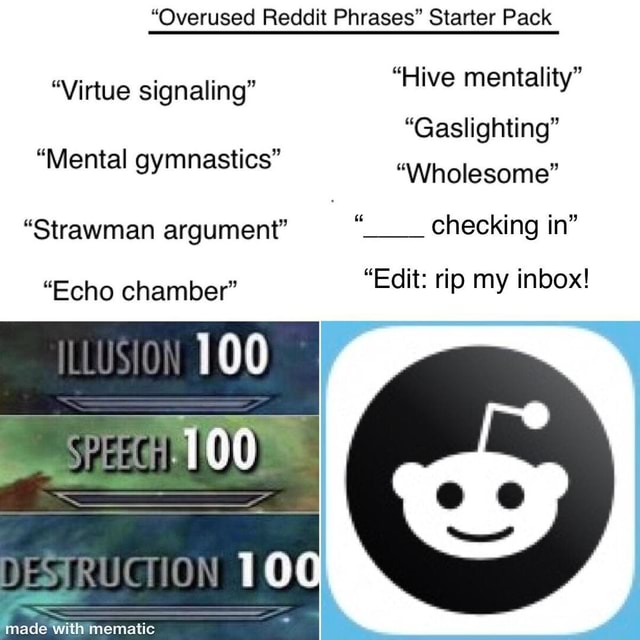 Overused Reddit Phrases Starter Pack Virtue Signaling Hive Mentality Gaslighting Mental Gymnastics Wholesome Strawman Argument Checking In Echo Chamber Edit Rip My Inbox Illusion Destruction
