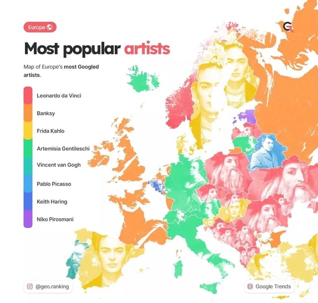 Most popular artists Map of Europe's most Googled artists. Leonardo da ...