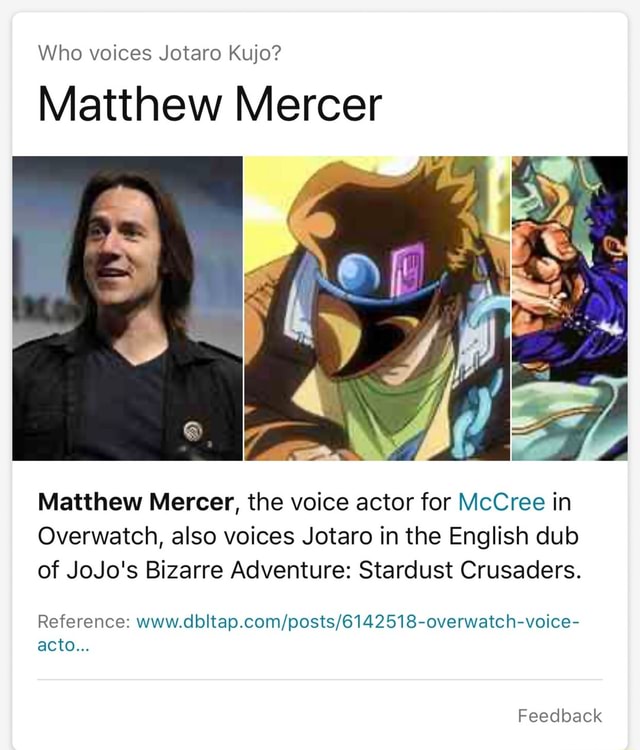 Who Voices Jotaro Kujo Matthew Mercer Matthew Mercer The Voice Actor For Mccree In Overwatch Also Voices Jotaro In The English Dub Of Jojo S Bizarre Adventure Stardust Crusaders Reference Www Dbltap Com Posts 6142518 Overwatch Voice