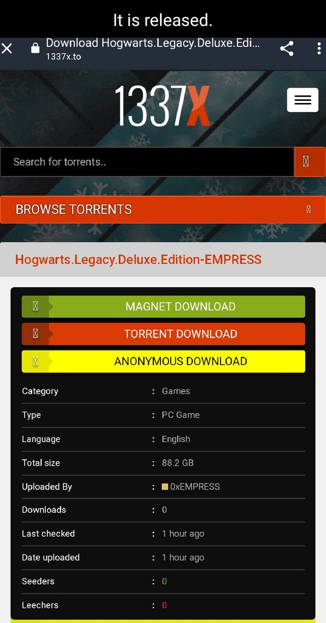 It is released. xX Download Hogwarts.Legacy.Deluxe. Edi... < Search for  torrents.. BROWSE TORRENTS Hogwarts.Legacy.Deluxe.Edition-EMPRESS MAGNET DOWNLOAD  TORRENT DOWNLOAD ANONYMOUS DOWNLOAD Category : Games Type : PC ...