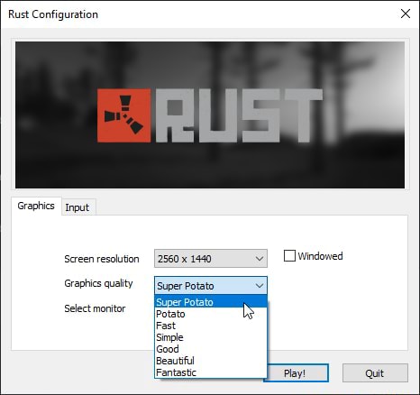 Rust Configuration Graphics Input Screen resolution Graphics quality ...