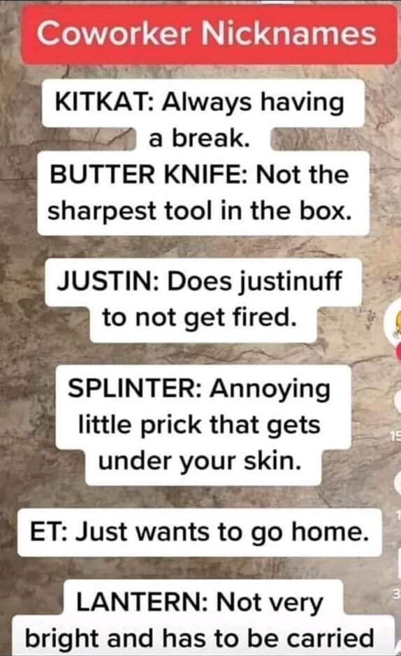 coworker-nicknames-i-kitkat-always-having-a-break-butter-knife-not