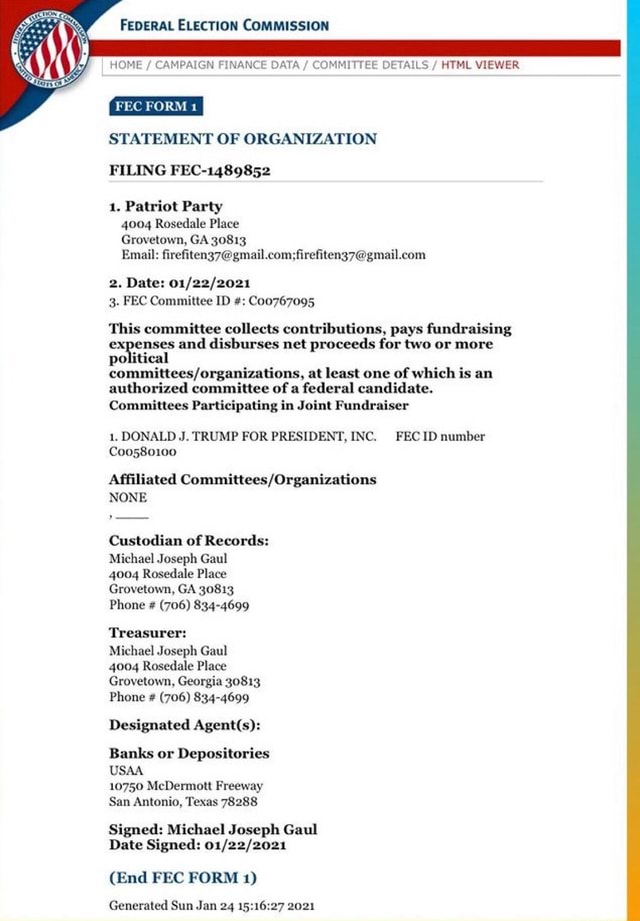 Federal Election Commission Home Campaign Finance Data Committee Details Html Viewer Fec Form 1 Statement Of Organization Filing Fec 1489852 1 Patriot Party 4004 Rosedale Place Grovetown Ga 30813 Email