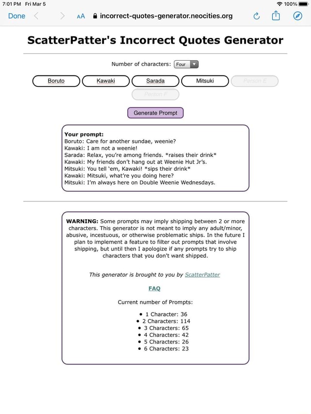 Done Aa Scatterpatter S Incorrect Quotes Generator Number Of Characters Generate Prompt Your Prompt Boruto Care For Another Sundae Weenie Kawaki I Am Not A Weenie Sarada Relax You Re Among Friends Raises