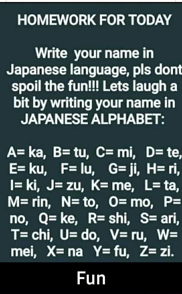 Homework For Today Write Your Name In Japanese Language Pis Dont Spoil The Fun Lets Laugh A Bit By Writing Your Name In Japanese Alphabet A Ka B Tu C Mi D