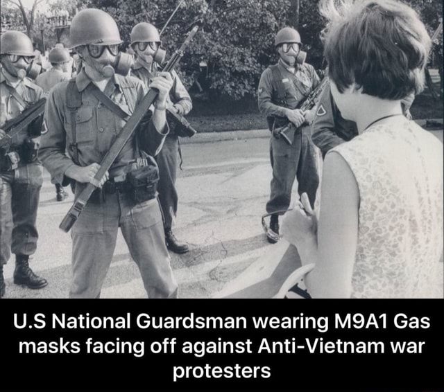 US National Guardsman wearing M9A1 Gas masks facing off against Anti
