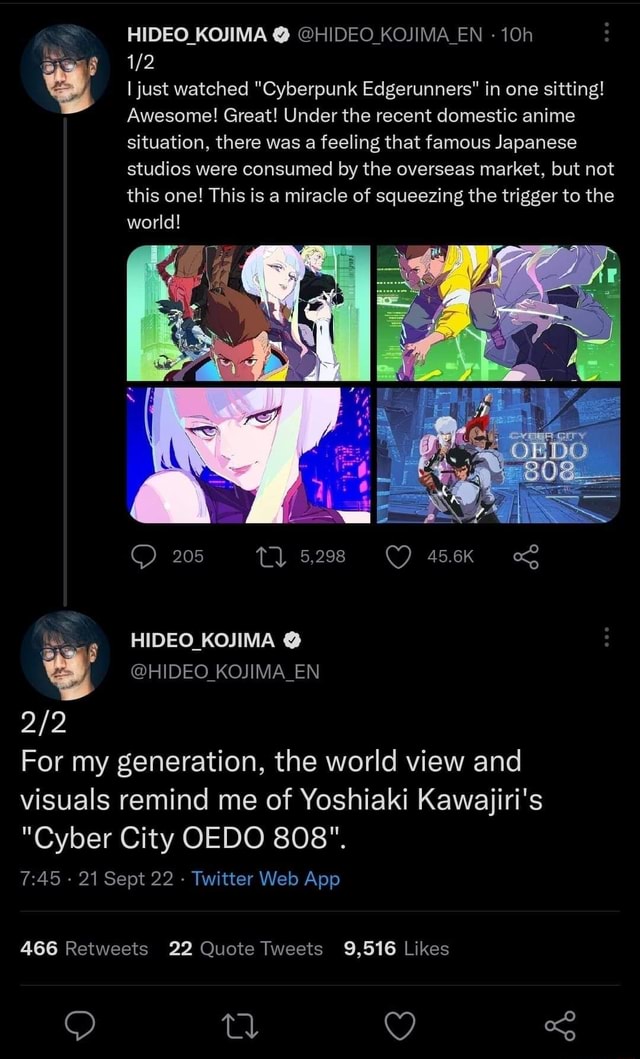 Hideo Kojima liked Cyberpunk: Edgerunners so much that he finished it in 1  sitting